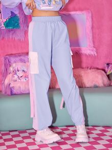 ROMWE Kawaii Tape Flap Pocket Cargo Pants - Baby Blue - View 3