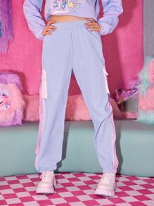 ROMWE Kawaii Tape Flap Pocket Cargo Pants - Baby Blue - View 4