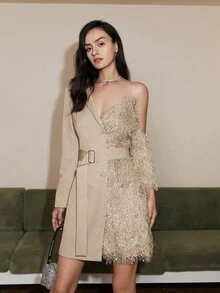 Đầm Bất đối xứng Trọn gói Thắt lưng Tương phản lông thú giả màu trơn Buổi tiệc - Rượu sâm banh - Xem 4