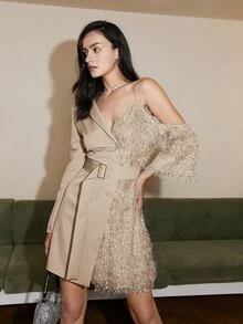 Đầm Bất đối xứng Trọn gói Thắt lưng Tương phản lông thú giả màu trơn Buổi tiệc - Rượu sâm banh - Xem 5