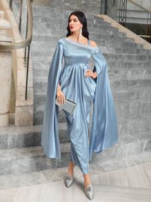 Modelyn Asymmetrical Neck Rhinestone Detail Split Sleeve Satin Dress - Baby Blue - View 1