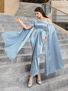 Modelyn Asymmetrical Neck Rhinestone Detail Split Sleeve Satin Dress - Baby Blue - View 3
