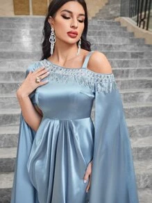 Modelyn Asymmetrical Neck Rhinestone Detail Split Sleeve Satin Dress - Baby Blue - View 4