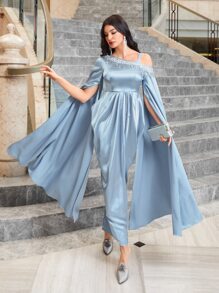 Modelyn Asymmetrical Neck Rhinestone Detail Split Sleeve Satin Dress - Baby Blue - View 5