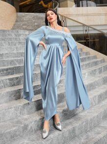 Modelyn Asymmetrical Neck Rhinestone Detail Split Sleeve Satin Dress - Baby Blue - View 6
