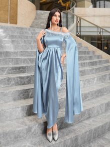 Modelyn Asymmetrical Neck Rhinestone Detail Split Sleeve Satin Dress - Baby Blue - View 8