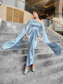 Modelyn Asymmetrical Neck Rhinestone Detail Split Sleeve Satin Dress - Baby Blue - View 10