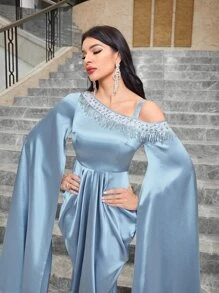 Modelyn Asymmetrical Neck Rhinestone Detail Split Sleeve Satin Dress - Baby Blue - View 11