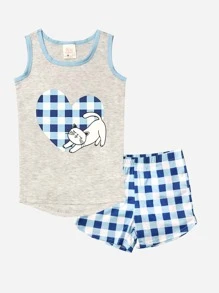2pcs/Set Girls Snug Fit Pajamas, Adorable Cat Print Camisole And Plaid Shorts, Comfortable Holiday Loungewear Set - Blue - View 1