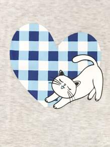 2pcs/Set Girls Snug Fit Pajamas, Adorable Cat Print Camisole And Plaid Shorts, Comfortable Holiday Loungewear Set - Blue - View 4