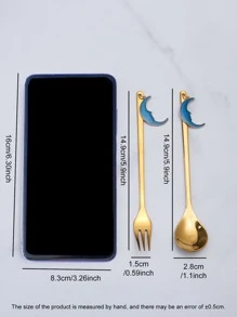1pc Moon & Star Decor Spoon & 1pc Fork - Gold - View 2
