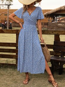 Breezaya Ditsy Floral Print Surplice Neck Butterfly Sleeve Split Thigh Dress - Blue - View 3
