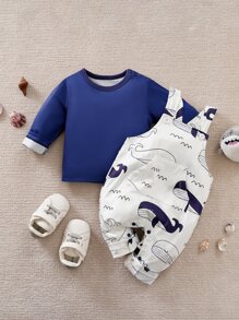 Yierying Đứa bé trai Áo phông trơn & Đồ họa Hoạt hình Tổng thể Jumpsuit - Xanh và trắng - Xem 1