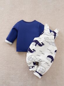 Yierying Đứa bé trai Áo phông trơn & Đồ họa Hoạt hình Tổng thể Jumpsuit - Xanh và trắng - Xem 2