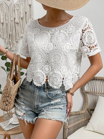 Breezaya Guipure Lace Insert Blouse For Holiday Party Clothes