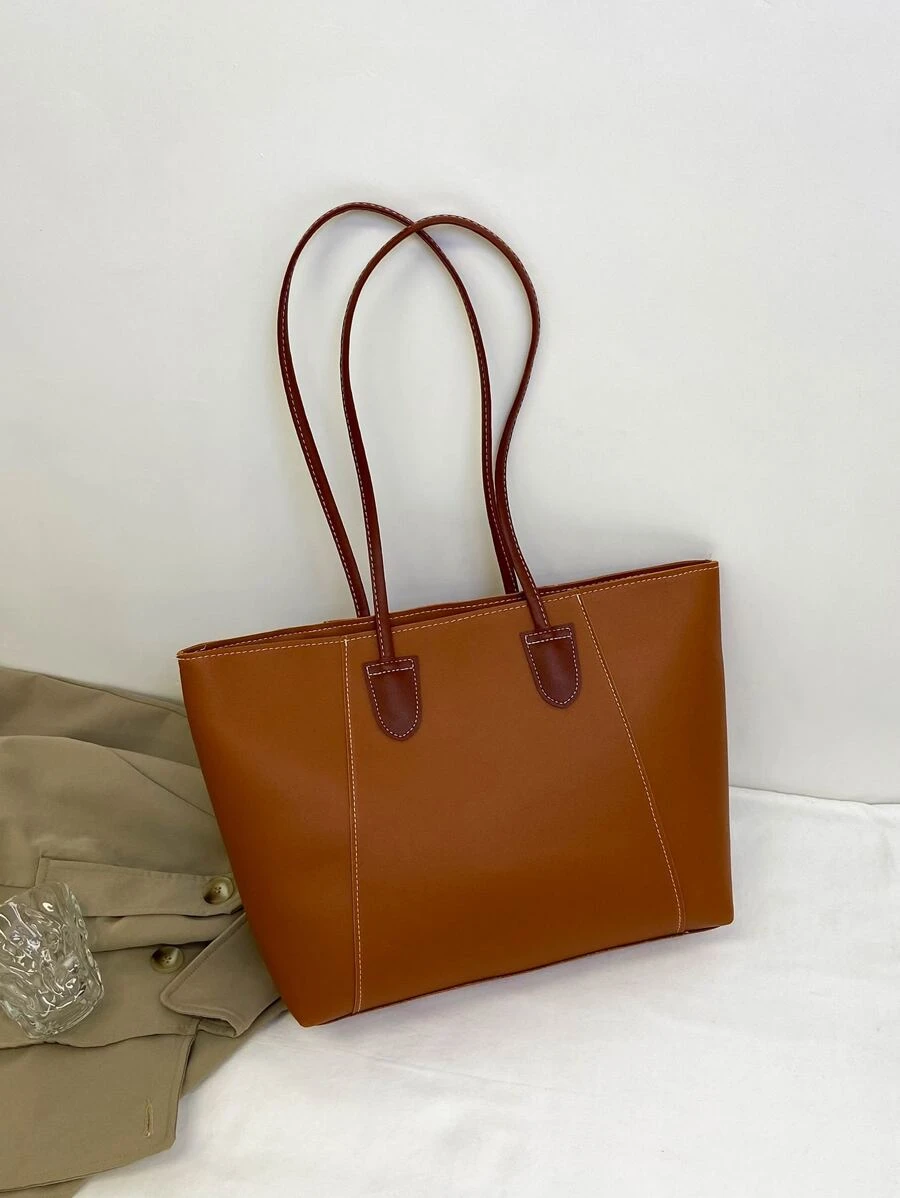Minimalist Shoulder Tote Bag - Brown - View 1