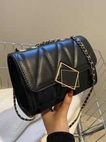 迷你衍縫翻蓋鏈條方包 - 黑色 - 查看 1