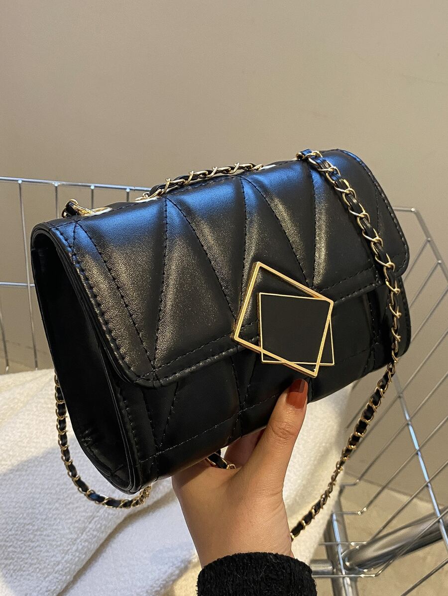 迷你衍縫翻蓋鏈條方包 - 黑色 - 查看 1