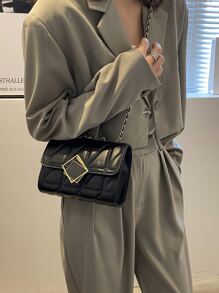迷你衍縫翻蓋鏈條方包 - 黑色 - 查看 2