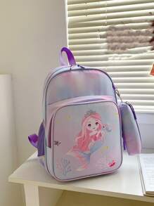 Cartoon Mermaid & Unicorn Print Backpack For Teens/Kids, With Pencil Case Included - Multicolor - View 7
