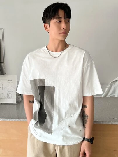 DAZY Camiseta de hombre de algodón con bloqueo de color y hombros caídos, camisetas estampadas