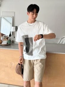 DAZY Men Cotton Colourblock Drop Shoulder Tee - White - View 4