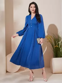 Modelyn Lantern Sleeve Pleated Hem Dress - Blue - View 1