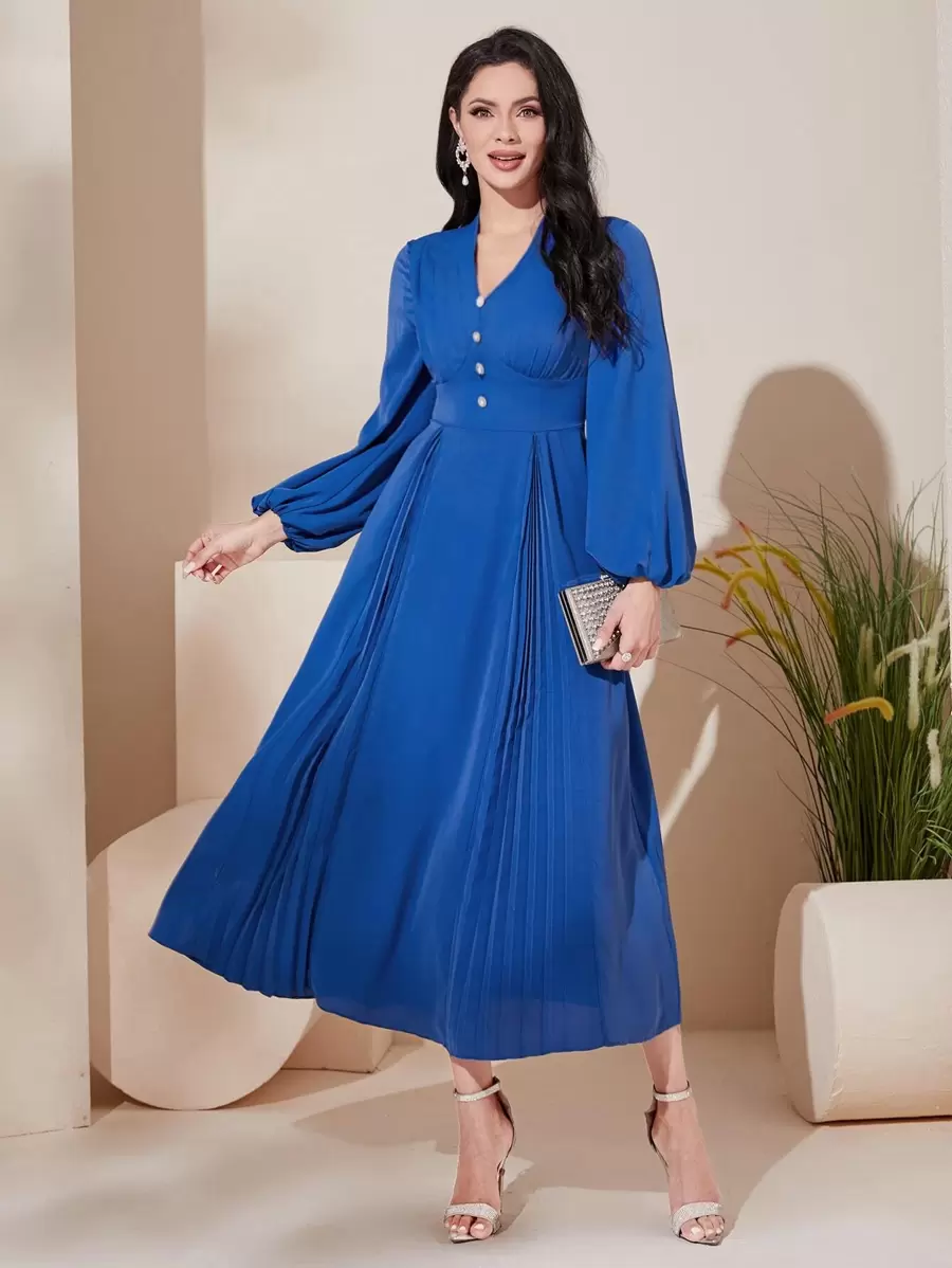 Modelyn Lantern Sleeve Pleated Hem Dress - Blue - View 1