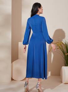 Modelyn Lantern Sleeve Pleated Hem Dress - Blue - View 2