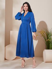 Modelyn Lantern Sleeve Pleated Hem Dress - Blue - View 4