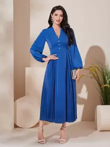 Modelyn Lantern Sleeve Pleated Hem Dress - Blue - View 6