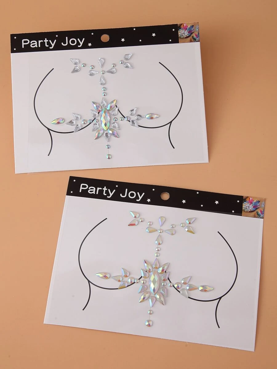 Party Joy 2 hojas Adhesivo de tatuajes en pecho luminoso con diamante de imitación - Multicolor - Ver 1