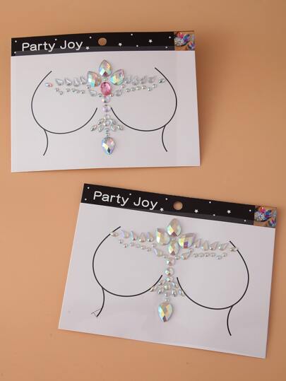 Party Joy 2pcs/Set Chest & Face 3d Rhinestone Temporary Tattoo Sticker, One Glow In The Dark, One Regular, For Cosplay, Party Decoration