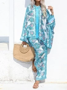 SHEIN VCAY Shirt mit Blume Muster, Fledermausärmeln, & Hose