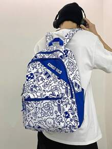 Hombres Mochila con estampado de dibujos animados con bolsillo delantero - Azul y blanco - Ver 1