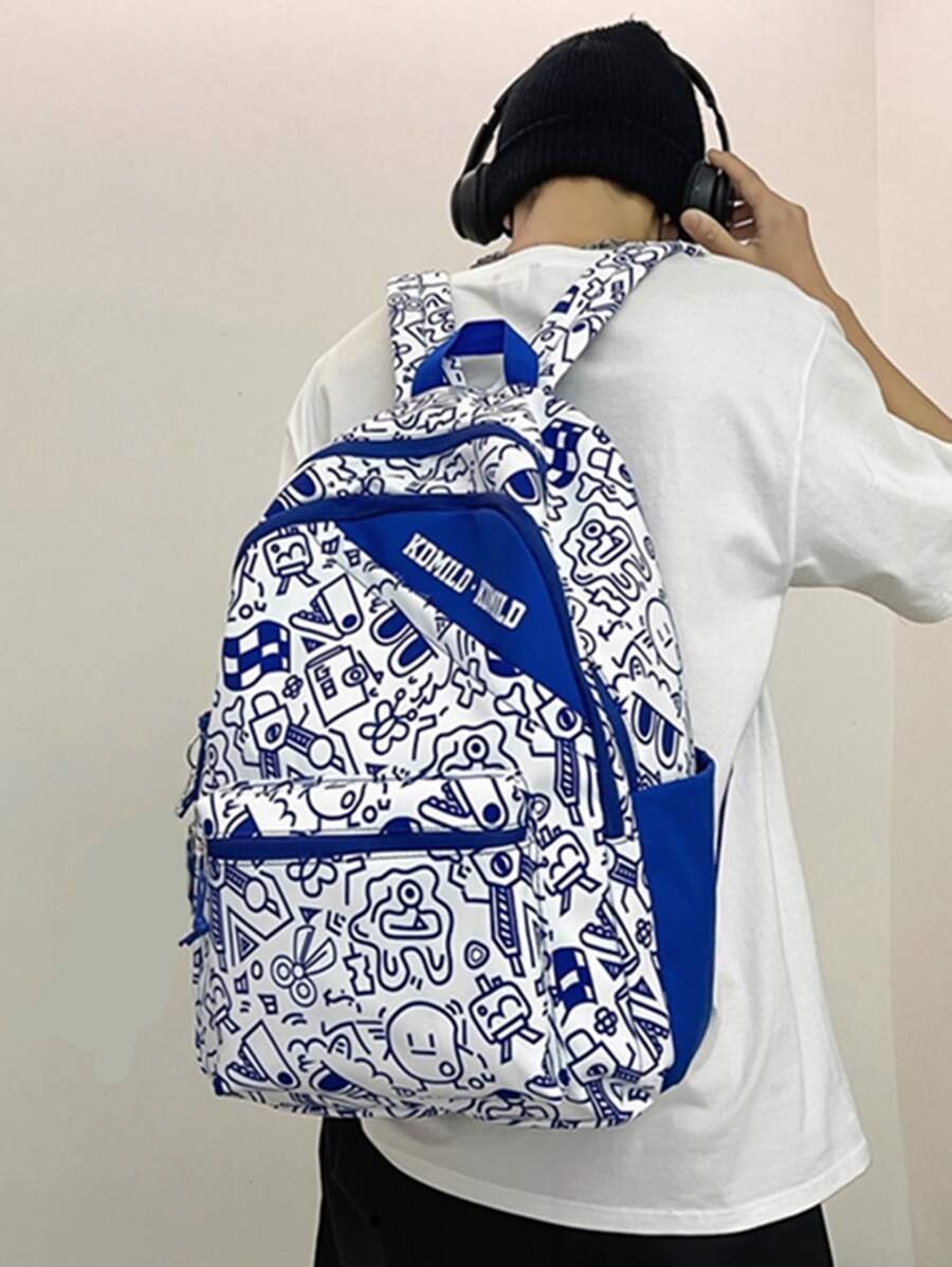 Hombres Mochila con estampado de dibujos animados con bolsillo delantero - Azul y blanco - Ver 1
