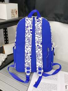 Hombres Mochila con estampado de dibujos animados con bolsillo delantero - Azul y blanco - Ver 2
