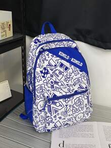 Hombres Mochila con estampado de dibujos animados con bolsillo delantero - Azul y blanco - Ver 4
