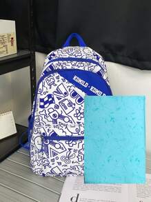 Hombres Mochila con estampado de dibujos animados con bolsillo delantero - Azul y blanco - Ver 6