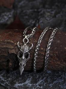 Men Skull Charm Necklace - Antique Silver - View 1