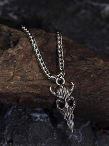 Men Skull Charm Necklace - Antique Silver - View 3