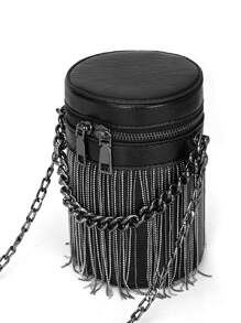 Mini Fringe Decor Bucket Bag - Black - View 1