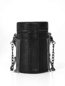 Mini Fringe Decor Bucket Bag - Black - View 2