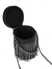 Mini Fringe Decor Bucket Bag - Black - View 3