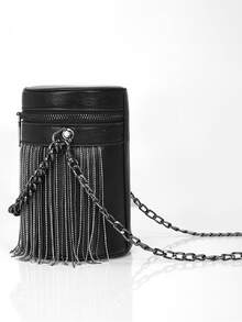 Mini Fringe Decor Bucket Bag - Black - View 4