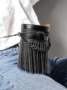 Mini Fringe Decor Bucket Bag - Black - View 7