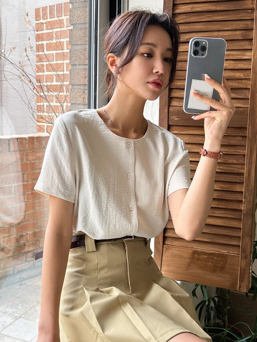DAZY Blusa Sólida Con Botones Al Frente - Albaricoque - Ver 1
