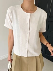 DAZY Blusa Sólida Con Botones Al Frente - Albaricoque - Ver 4