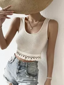 SHEIN VCAY 流蘇邊華夫格編織背心上衣 - 米色 - 查看 6