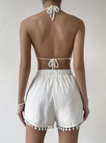 Soleia Quần đùi nữ Dây kéo POM Pom màu trơn Boho - trắng - Xem 2